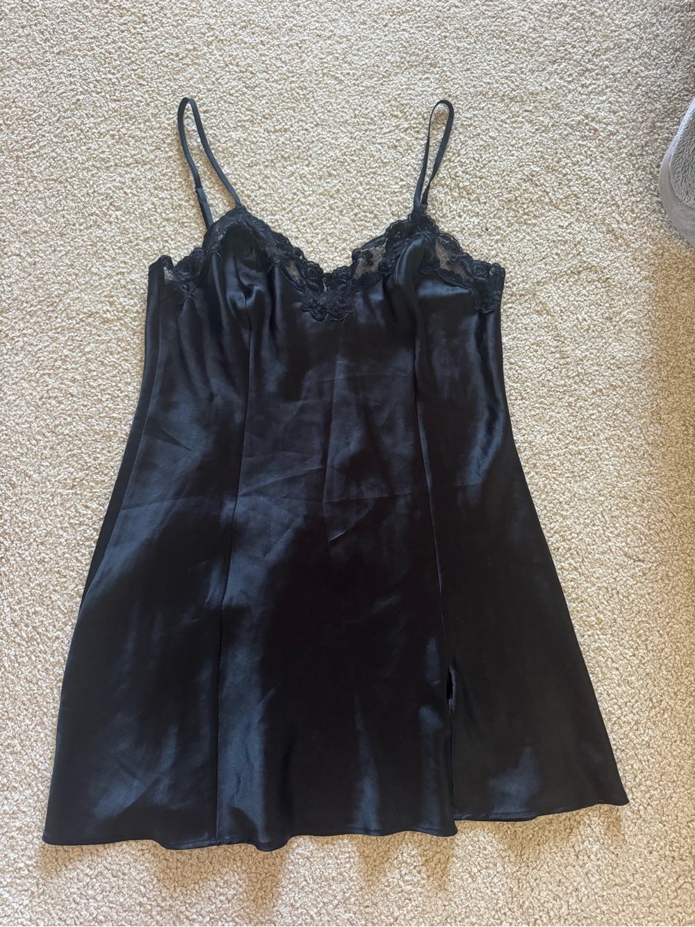 Victoria's Secret Black Satin Lace-Trim Chemise